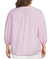 Calessa Plus Size Split V-Neck Embroidered 3/4 Balloon Sleeve Tunic