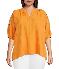 Calessa Plus Size Split V-Neck Embroidered Elbow Balloon Sleeve Tunic
