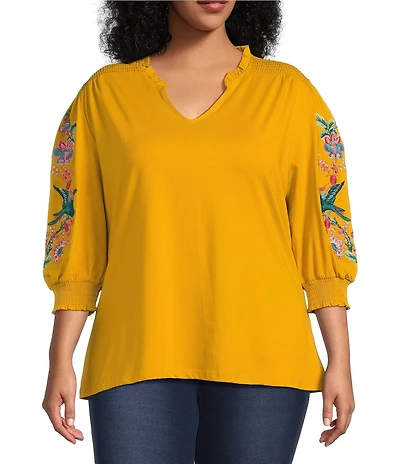 Calessa Plus Size Split V-Neck Long Floral Embroidered Balloon Sleeve Tunic