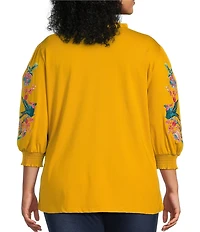 Calessa Plus Size Split V-Neck Long Floral Embroidered Balloon Sleeve Tunic