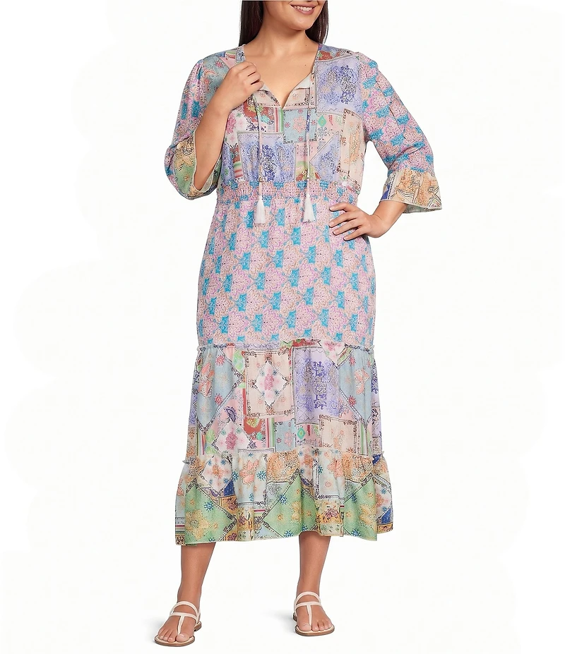 Calessa Plus Size Spring Blues Round Neck Elbow Length Sleeve Tiered Midi Dress