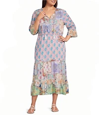 Calessa Plus Size Spring Blues Round Neck Elbow Length Sleeve Tiered Midi Dress