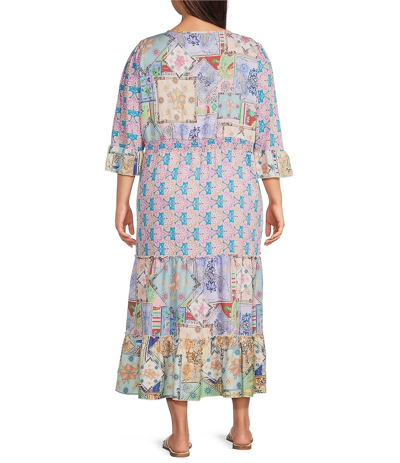 Calessa Plus Size Spring Blues Round Neck Elbow Length Sleeve Tiered Midi Dress