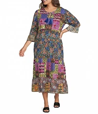 Calessa Plus Size Spring Blues Round Neck Elbow Length Sleeve Tiered Midi Dress