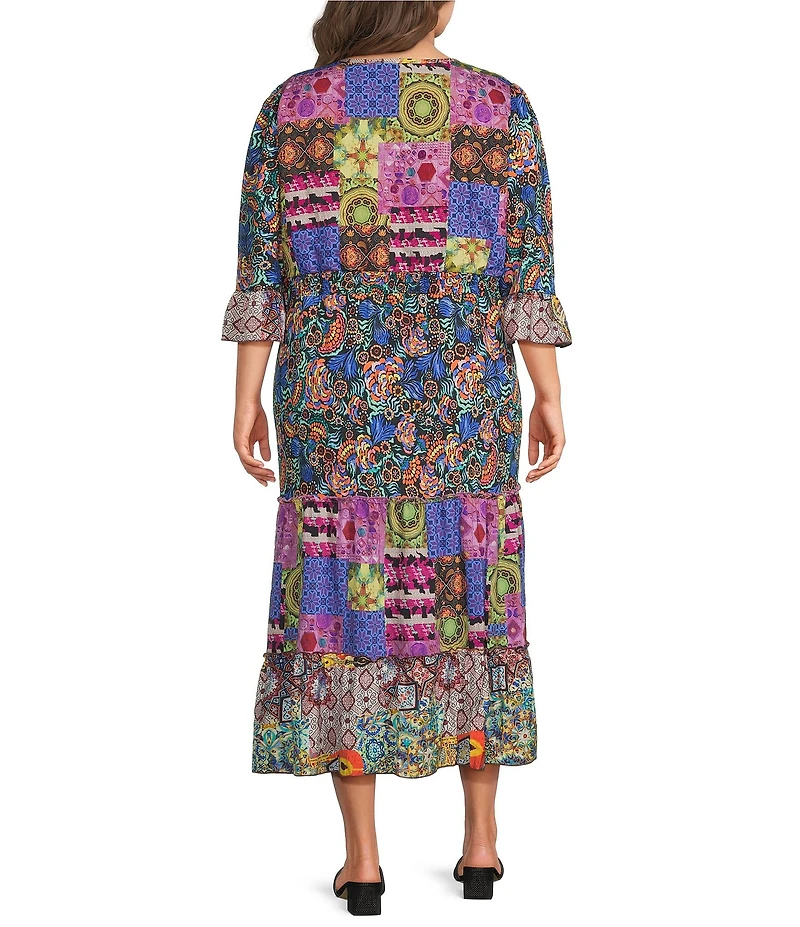 Calessa Plus Size Spring Blues Round Neck Elbow Length Sleeve Tiered Midi Dress