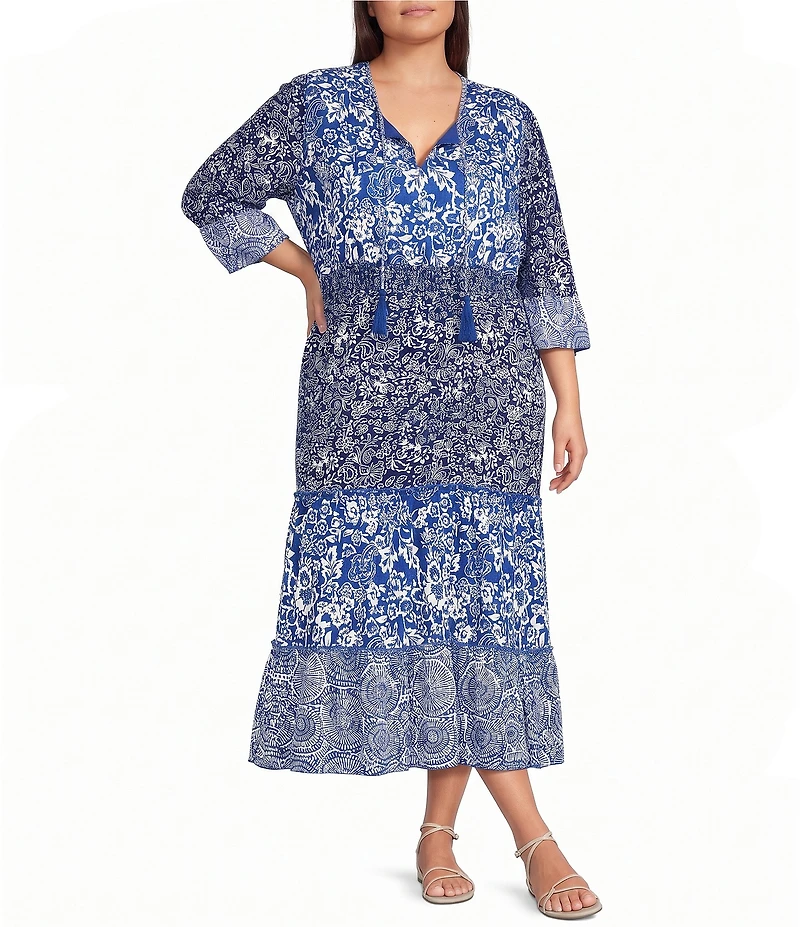 Calessa Plus Size Spring Blues Round Neck Elbow Length Sleeve Tiered Midi Dress