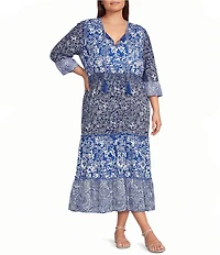 Calessa Plus Size Spring Blues Round Neck Elbow Length Sleeve Tiered Midi Dress