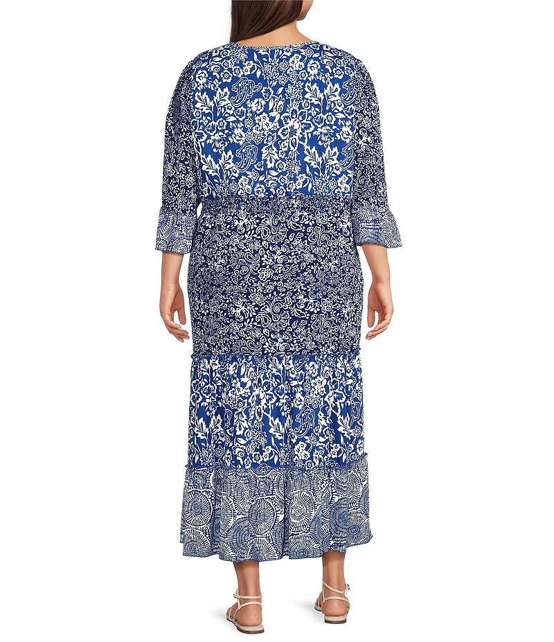 Calessa Plus Size Spring Blues Round Neck Elbow Length Sleeve Tiered Midi Dress