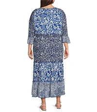 Calessa Plus Size Spring Blues Round Neck Elbow Length Sleeve Tiered Midi Dress