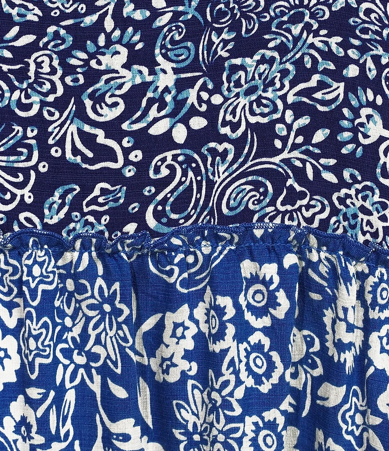 Calessa Plus Size Spring Blues Round Neck Elbow Length Sleeve Tiered Midi Dress