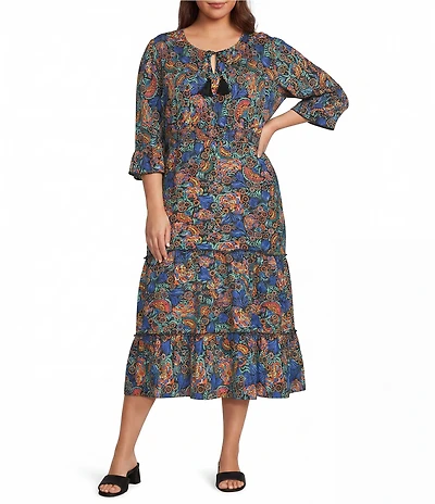 Calessa Plus Size Spring Blues Round Neck Elbow Length Sleeve Tiered Midi Dress
