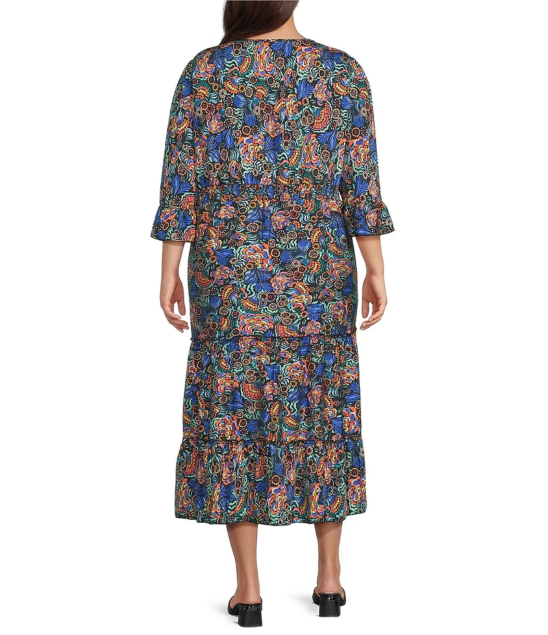 Calessa Plus Size Spring Blues Round Neck Elbow Length Sleeve Tiered Midi Dress