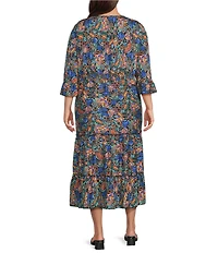 Calessa Plus Size Spring Blues Round Neck Elbow Length Sleeve Tiered Midi Dress
