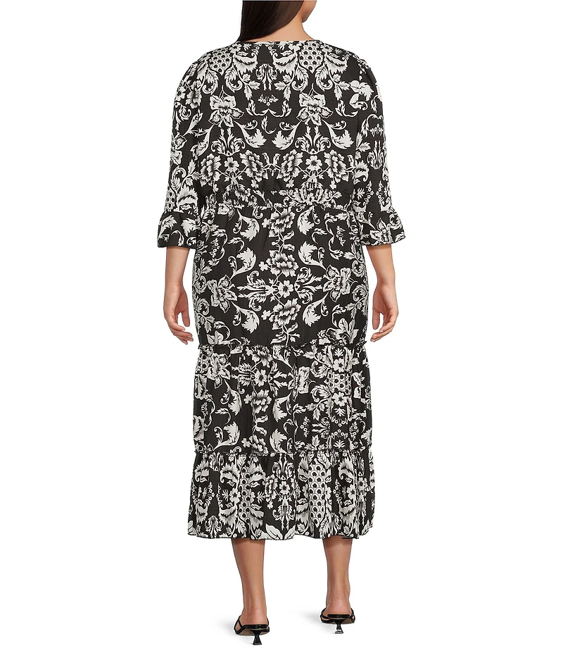 Calessa Plus Size Spring Blues Round Neck Elbow Length Sleeve Tiered Midi Dress