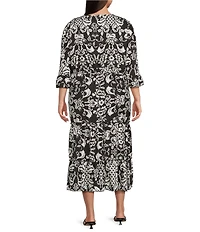Calessa Plus Size Spring Blues Round Neck Elbow Length Sleeve Tiered Midi Dress