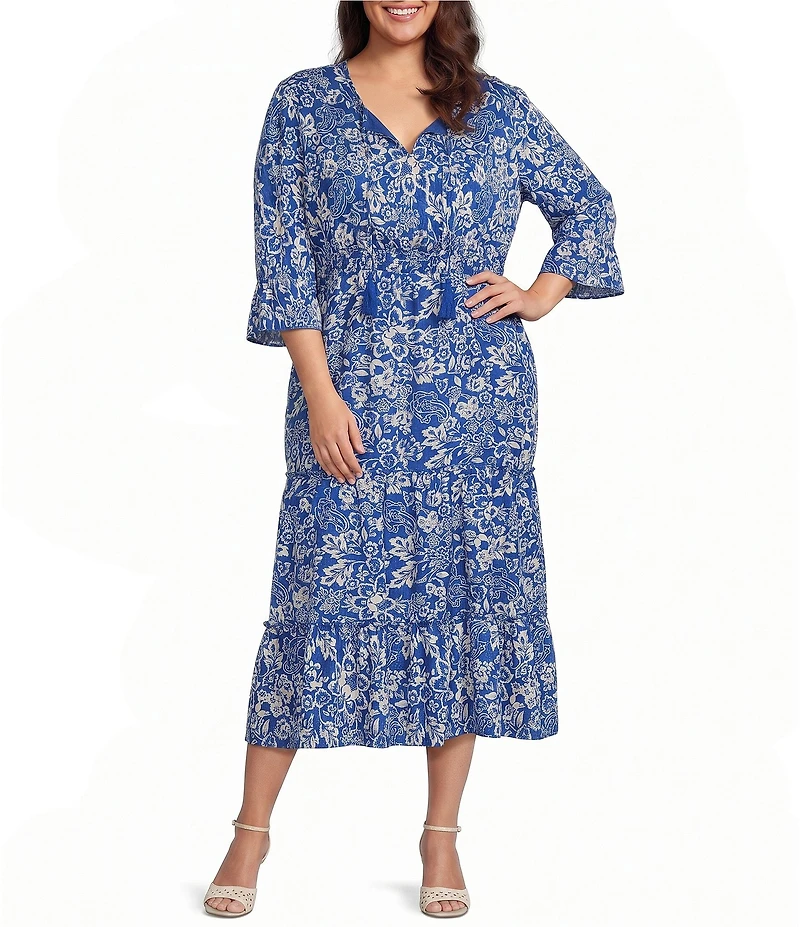 Calessa Plus Size Spring Blues Round Neck Elbow Length Sleeve Tiered Midi Dress