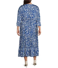 Calessa Plus Size Spring Blues Round Neck Elbow Length Sleeve Tiered Midi Dress