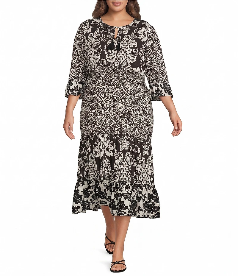Calessa Plus Size Spring Blues Round Neck Elbow Length Sleeve Tiered Midi Dress