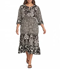 Calessa Plus Size Spring Blues Round Neck Elbow Length Sleeve Tiered Midi Dress