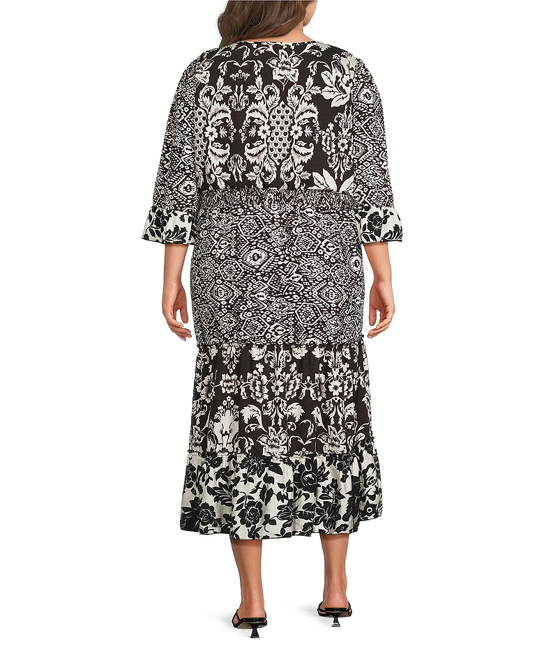Calessa Plus Size Spring Blues Round Neck Elbow Length Sleeve Tiered Midi Dress