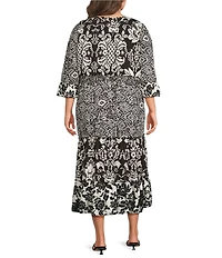Calessa Plus Size Spring Blues Round Neck Elbow Length Sleeve Tiered Midi Dress