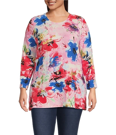 Calessa Plus Size Stretch Knit Floral Crew Neck 3/4 Sleeve Tunic