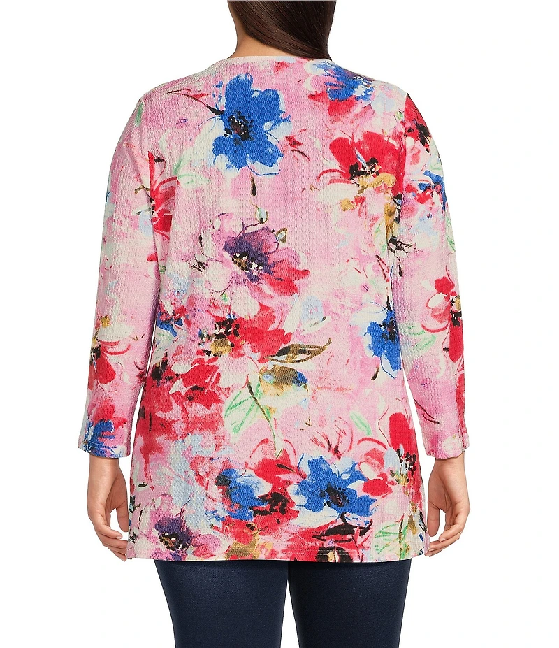 Calessa Plus Size Stretch Knit Floral Crew Neck 3/4 Sleeve Tunic