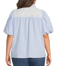Calessa Plus Size Stripe Collared Elbow Balloon Sleeve Lace Detail Blouse