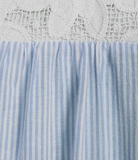 Calessa Plus Size Stripe Collared Elbow Balloon Sleeve Lace Detail Blouse