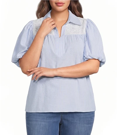 Calessa Plus Size Stripe Collared Elbow Balloon Sleeve Lace Detail Blouse