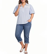 Calessa Plus Size Stripe Collared Elbow Balloon Sleeve Lace Detail Blouse