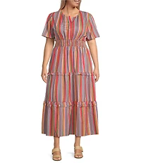 Calessa Plus Size Stripe Round Split Neck Short Sleeve Midi Dress