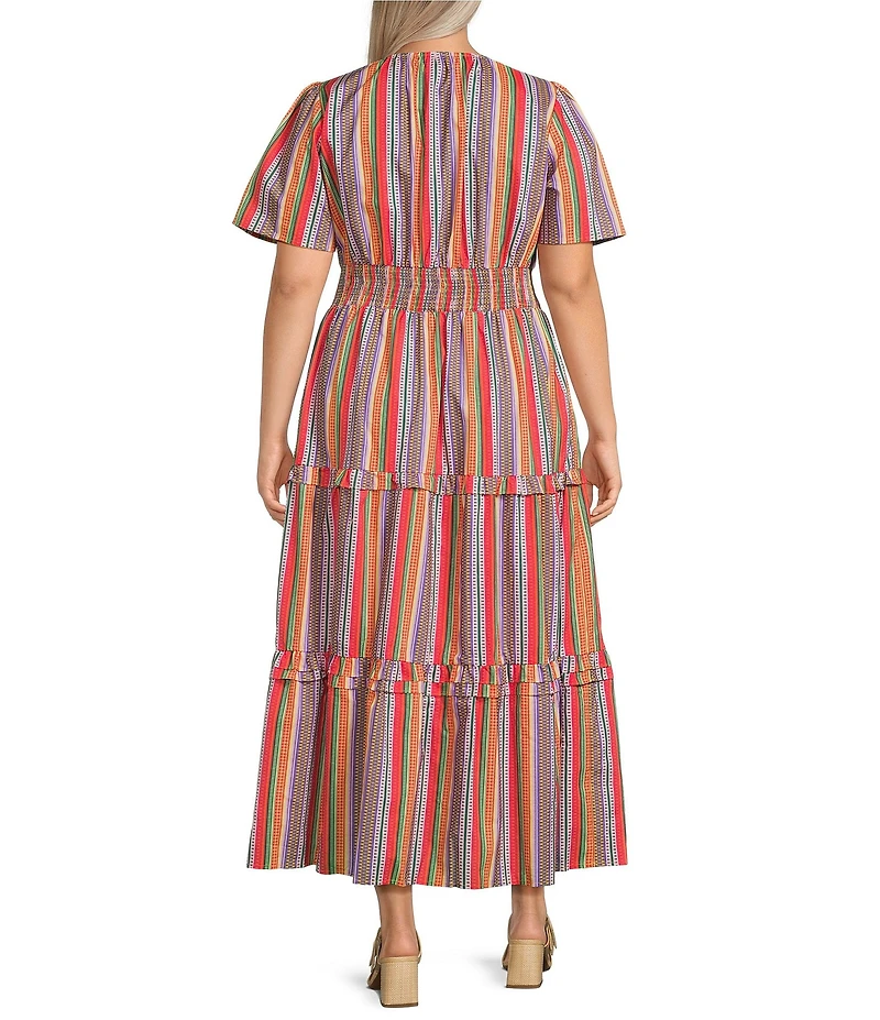 Calessa Plus Size Stripe Round Split Neck Short Sleeve Midi Dress