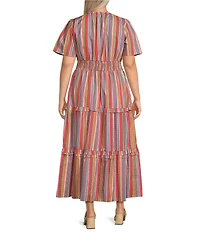 Calessa Plus Size Stripe Round Split Neck Short Sleeve Midi Dress