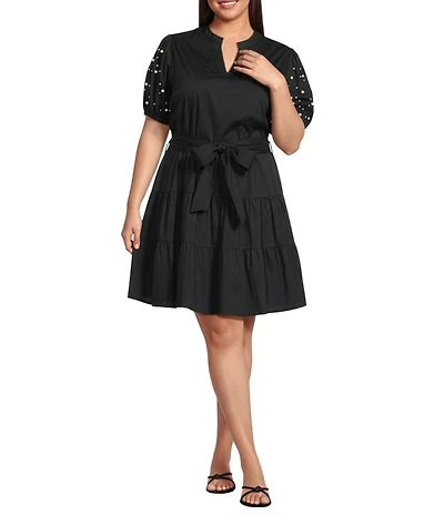 Calessa Plus Size Stripe Tiered Belted Beaded Sleeve Dress