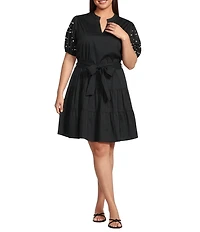 Calessa Plus Size Stripe Tiered Belted Beaded Sleeve Dress