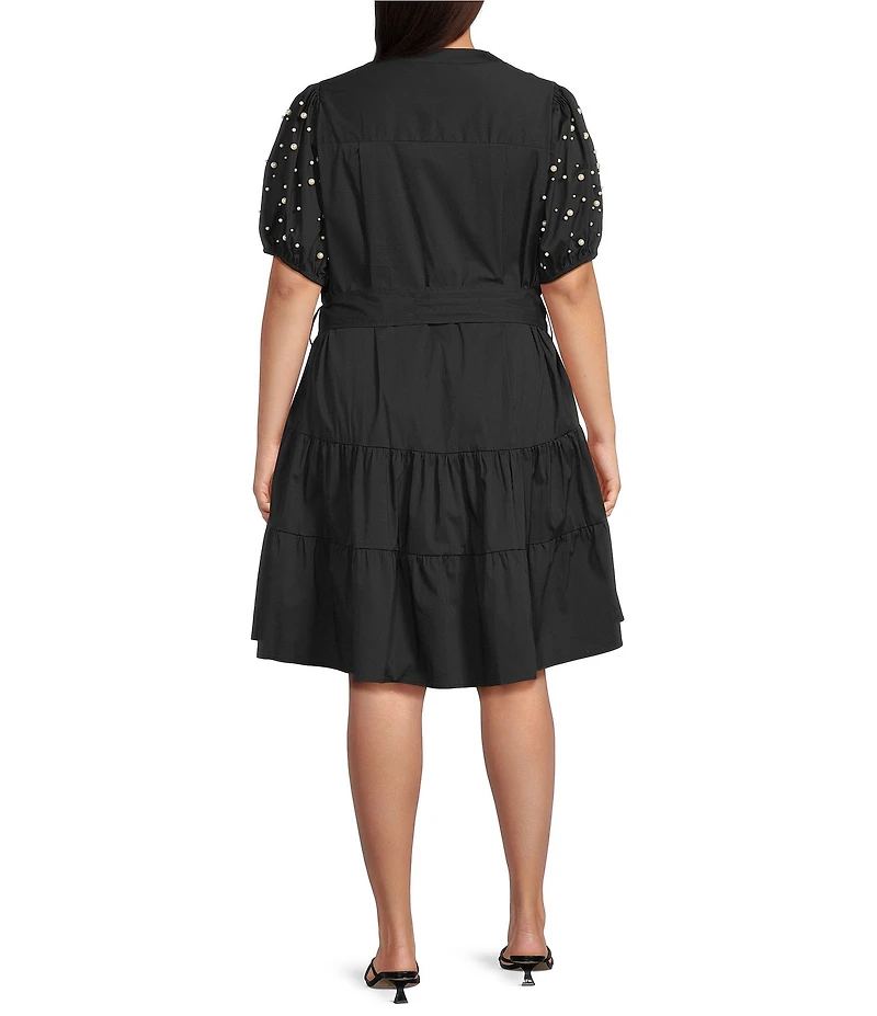 Calessa Plus Size Stripe Tiered Belted Beaded Sleeve Dress