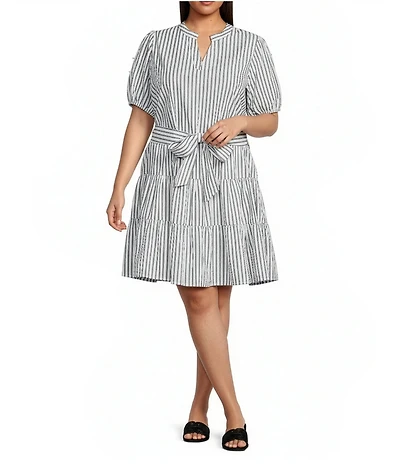 Calessa Plus Size Stripe Tiered Belted Beaded Sleeve Dress