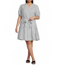 Calessa Plus Size Stripe Tiered Belted Beaded Sleeve Dress