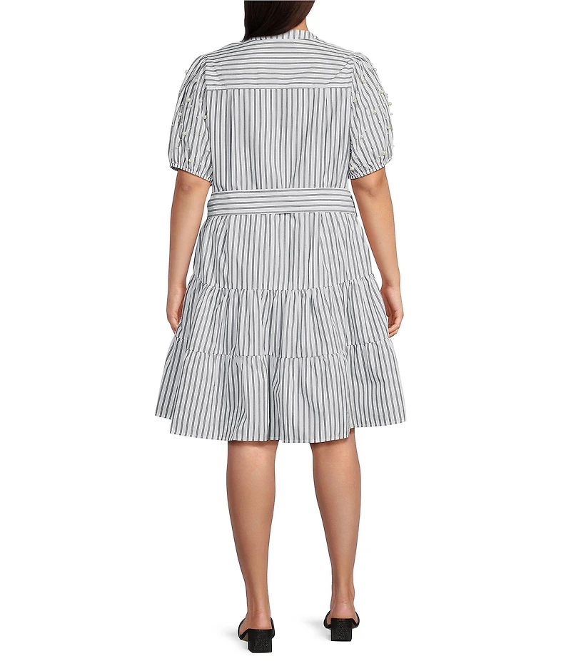 Calessa Plus Size Stripe Tiered Belted Beaded Sleeve Dress