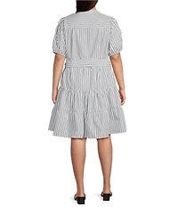 Calessa Plus Size Stripe Tiered Belted Beaded Sleeve Dress