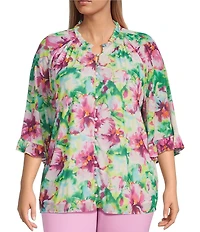 Calessa Plus Size Summer Floral V-Neck Banded Collar Elbow Sleeve Top