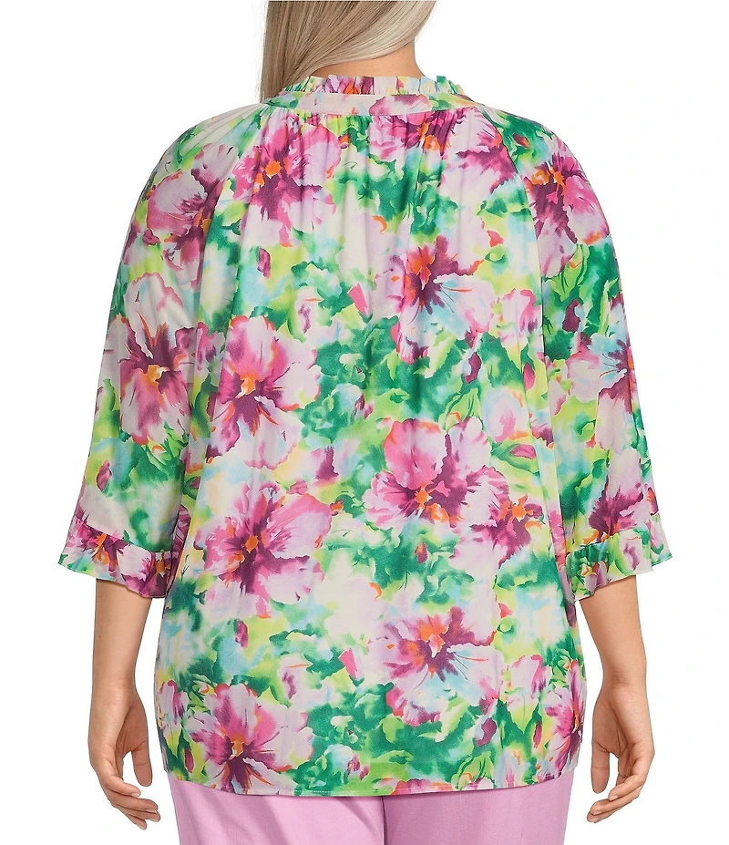 Calessa Plus Size Summer Floral V-Neck Banded Collar Elbow Sleeve Top
