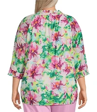 Calessa Plus Size Summer Floral V-Neck Banded Collar Elbow Sleeve Top