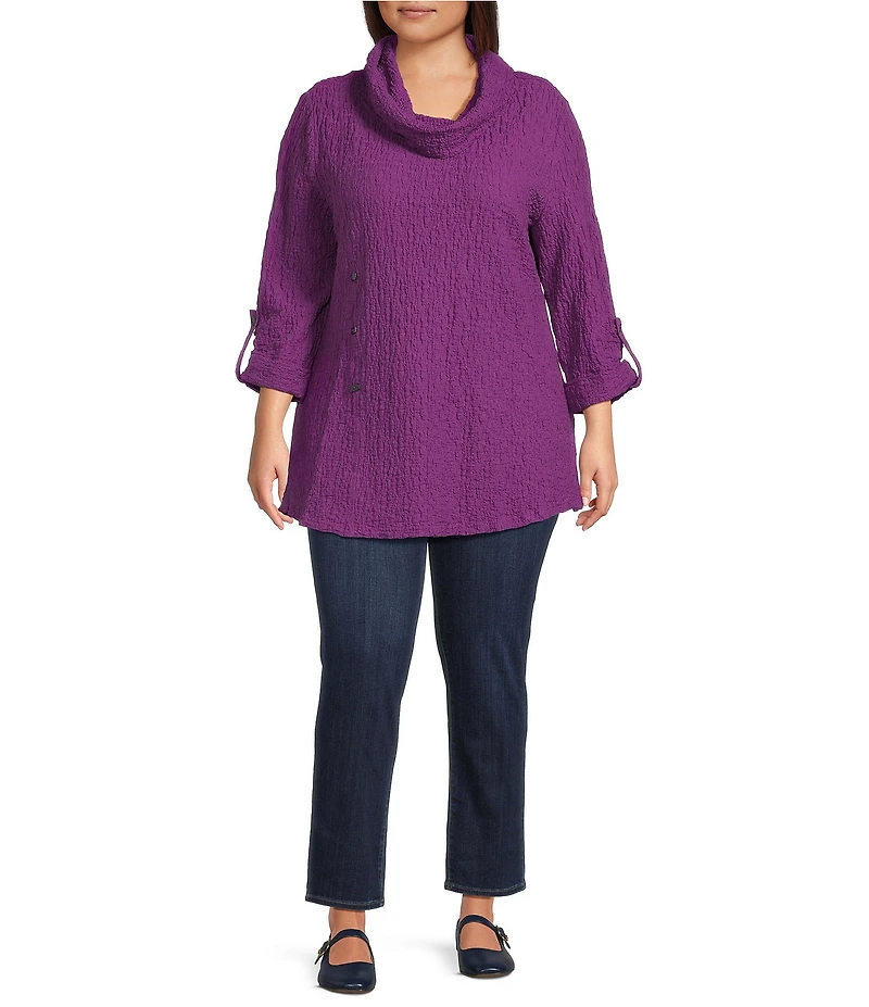 Calessa Plus Size Textured Bubble Knit Cowl Neck 3/4 Sleeve Tunic