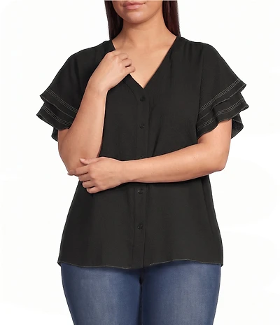 Calessa Plus Size Textured Crepe V-Neck Ruffle Short Sleeve Button Front Top