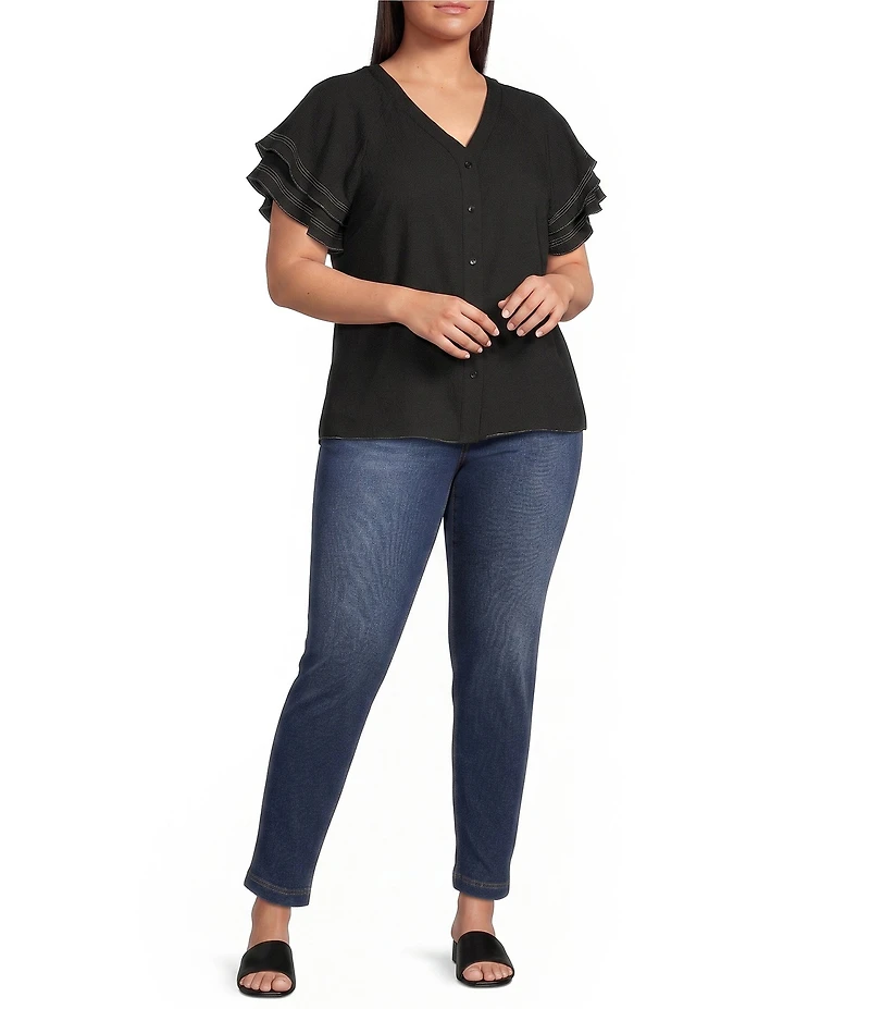 Calessa Plus Size Textured Crepe V-Neck Ruffle Short Sleeve Button Front Top