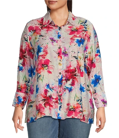Calessa Plus Size Textured Crinkle Antique Abstract Print Point Collar Long Sleeve Button Front Blouse