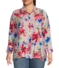 Calessa Plus Size Textured Crinkle Antique Abstract Print Point Collar Long Sleeve Button Front Blouse