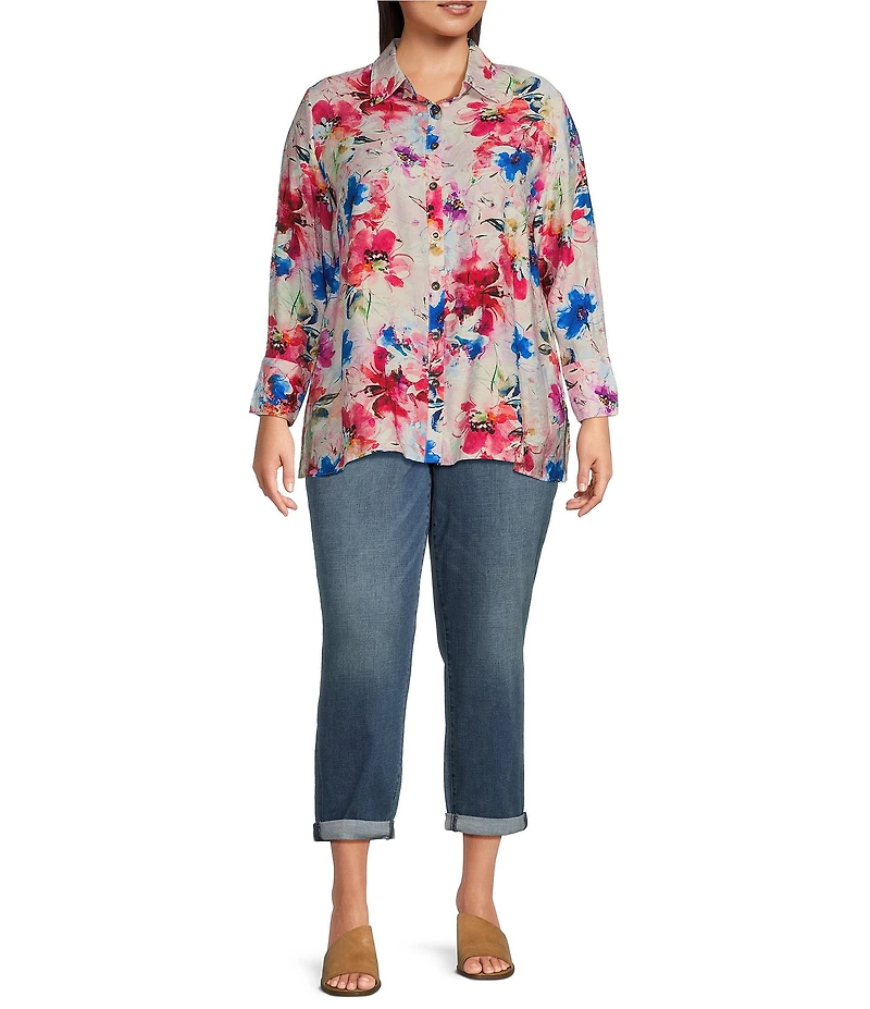 Calessa Plus Size Textured Crinkle Antique Abstract Print Point Collar Long Sleeve Button Front Blouse